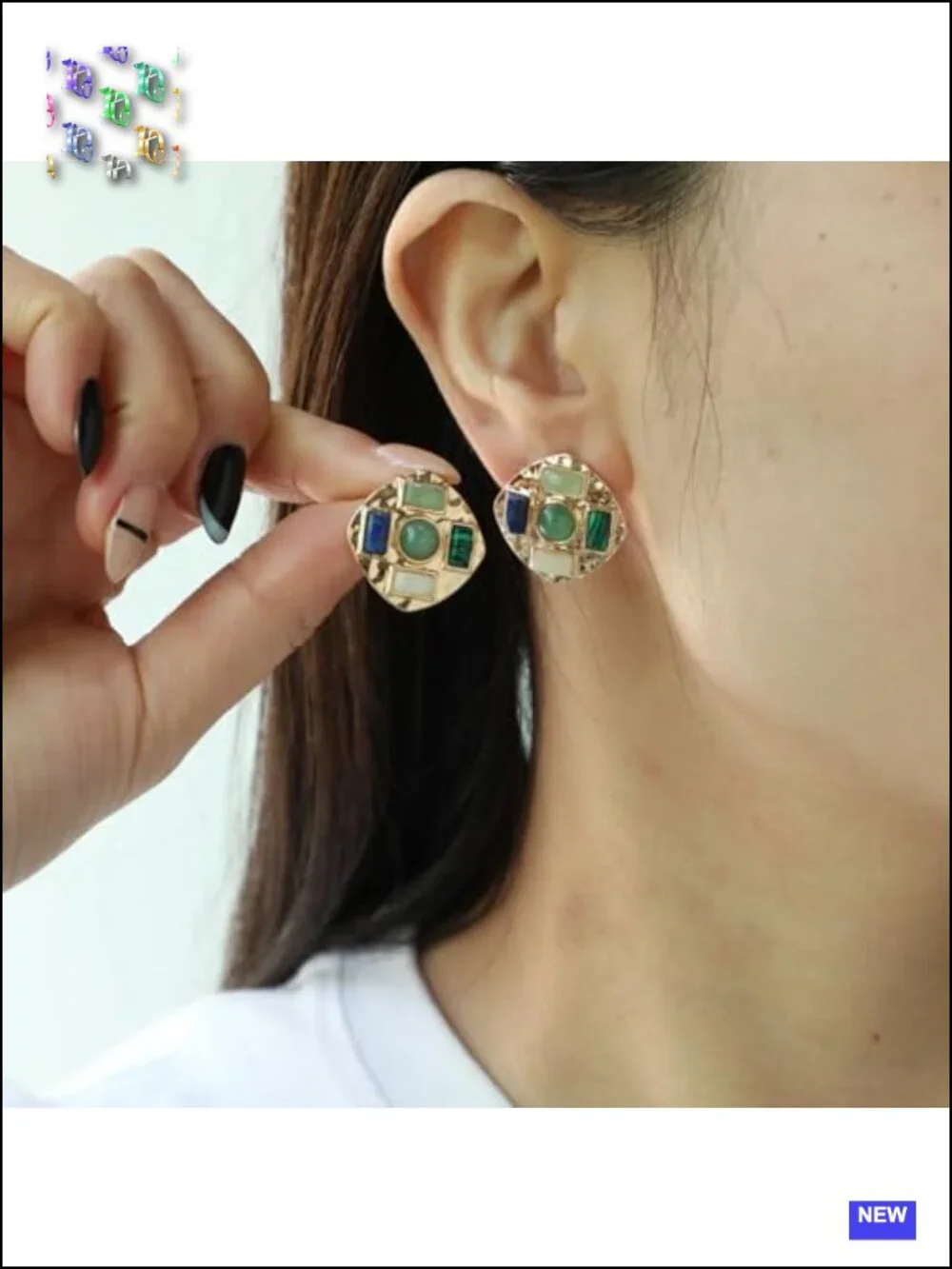 Gold Tone Square Stud Earrings Multicolor Gemstone Geometric Statement Jewelry